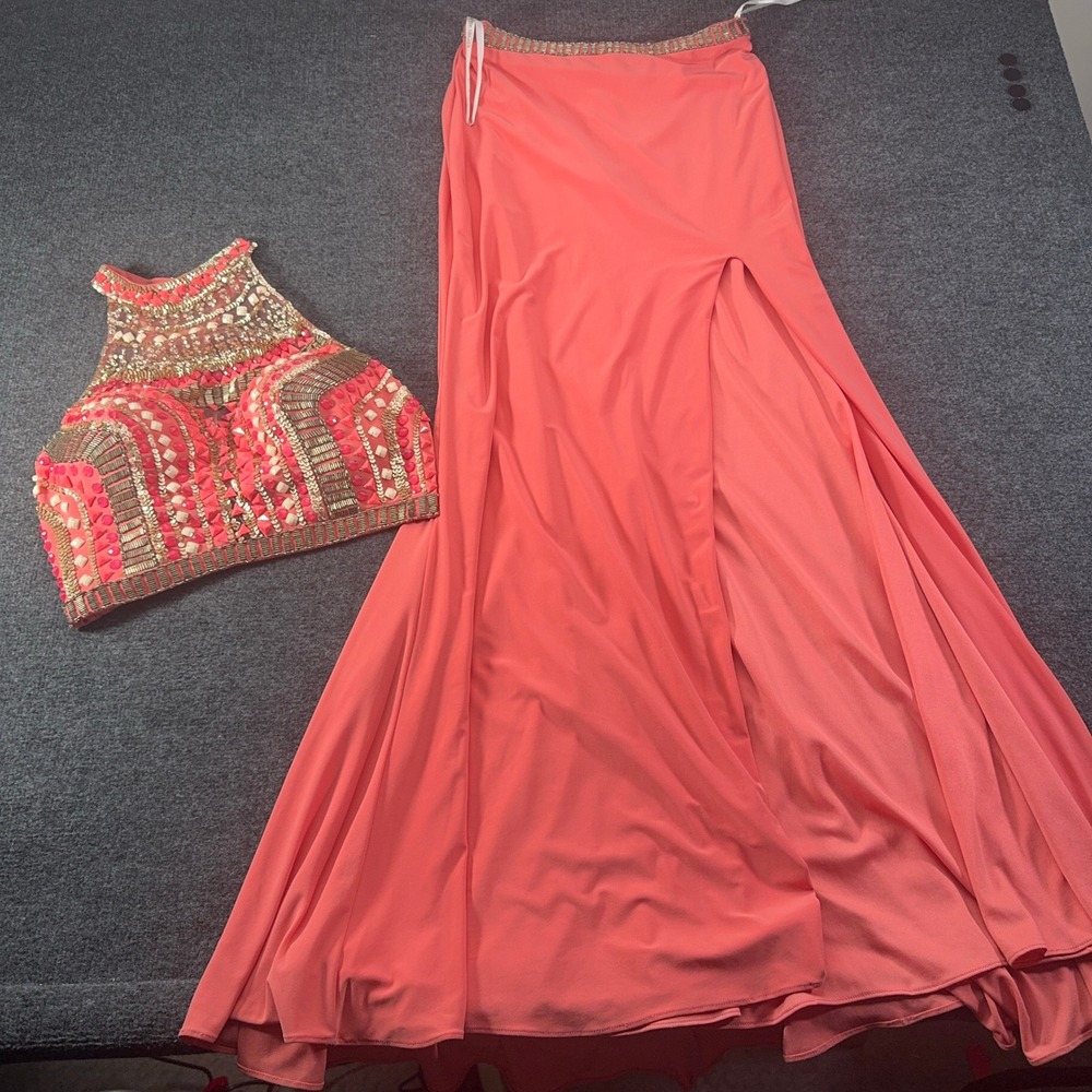 Rachel Allan Coral Two Piece Beaded Prom Dress Gown High Slit Size 8